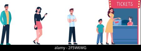 Die Menschen halten Abstand, wenn sie an der Kasse des Kinos anstehen. Sozialer Sicherheitsabstand zwischen den Menschen, um das Virus, Coronavirus COVID19, nicht zu verbreiten. Männer, Frauen kaufen Kinokarten. Vektor Stock Vektor
