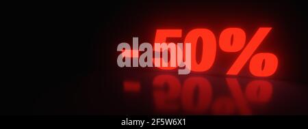 50% Rabatt Sale Promotion aus Neon 3D gerendert, Panorama-Bild Stockfoto