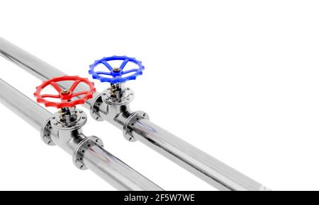 3D Render blaue und rote Ventile auf Stahlrohren diagonale Ansicht isoliert auf weißem Hintergrund.Illustration eines digitalen Bildes für Industrie. Stockfoto