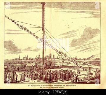 Das große Astronomische Teleskop von Johannes Hevelius (1611-1687) Illustration von Machina Coelestis von Johannes Hevelius, Danzig, 1670 Stockfoto