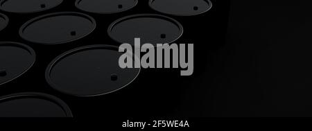 Schwarze Ölfässer auf dunklem Hintergrund, 3D Render, Fässer mit Platz für Text Stockfoto