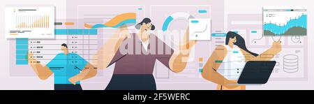 Geschäftsleute analysieren Finanzstatistiken, Diagramme und Grafiken, Datenanalysen Strategiekonzept des Planungsunternehmens Stock Vektor