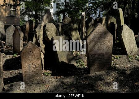 Segenhände, wie auf einem hier zu sehenden Grabstein, gehören zu den Symbolen, die auf einigen der 12.000 Gedenkstätten, die auf dem Alten Jüdischen Friedhof in Josefov, dem Jüdischen Viertel von Prag, der Hauptstadt Tschechiens / Tschechische Republik, eingepfercht sind, gemeißelt sind. Frühe Grabsteine tragen nur hebräische Inschriften, aber spätere Monumente weisen Symbole auf, die sich auf den Namen, den Charakter oder den Handel des Verstorbenen beziehen. Weintrauben, Löwen, Bären, Rehe und Wölfe sind abgebildet. Einige Symbole brauchen wenig Erklärung: Eine Harfe oder Geige zeigt einen Musiker an, eine Lanzette kennzeichnet einen Arzt und eine Schere schlägt einen Schneider vor. Stockfoto