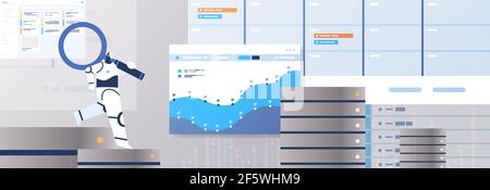 Roboter mit Lupe Analyse von Statistiken Grafiken und Diagramme finanziell Daten, die künstliche Intelligenz analysieren Stock Vektor