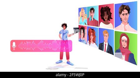 Mann, der mit Freunden über die Audio-Chat-Anwendung für Sprachnachrichten kommuniziert Kommunikation über soziale Medien Stock Vektor