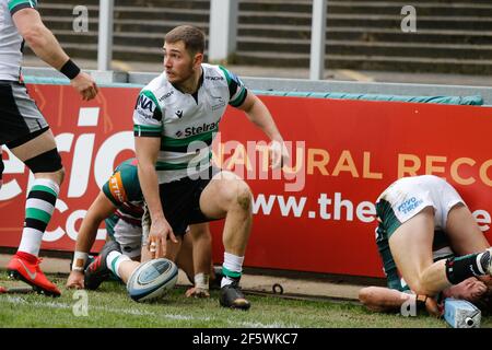 Leicester, Großbritannien. März 2021, 20th. LEICESTER, ENGLAND. MÄRZ 28th: Ben Stevenson von Newcastle Falcons nach dem Schließen während der Gallagher Premiership-Spiel zwischen Leicester Tigers und Newcastle Falcons in Welford Road, Leicester am Sonntag, 28th. März 2021. (Kredit: Chris Lishman, MI News) Kredit: MI Nachrichten & Sport /Alamy Live Nachrichten Stockfoto