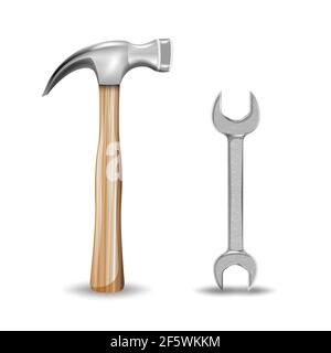 Hammer und Schraubenschlüssel Werkzeuge Cartoon-Symbol. Realistisches Hammer-Werkzeug und Metallschlüssel Schlüssel Arbeitskit. Gerätesymbole reparieren. Vektorgrafik isoliert o Stock Vektor