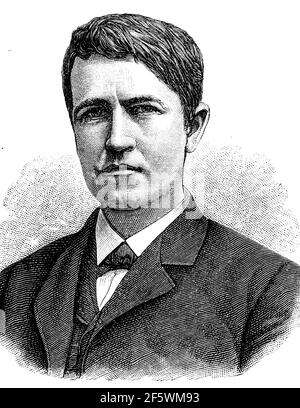 Thomas Alva Edison, 11. Februar 1847 - 18. Oktober 1931, war ein US-Erfinder, Elektroingenieur und Unternehmer, spezialisiert auf Elektrizität und Elektrotechnik / Thomas Alva Edison, 11. Februar 1847 - 18. Oktober 1931, war ein US-amerikanischer Erfinder, Elektroingenieur und Unternehmer mit dem Schwerpunkt auf dem Gebiet der Elektrizität und Elektrotechnik, Historisch, historical, digital improved reproduction of an original from the 19th century / digitale Reproduktion einer Originalvorlage aus dem 19. Jahrhundert, Stockfoto