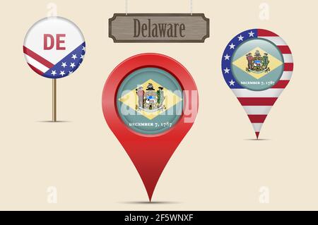Delaware US-Bundesstaat Rundflagge. Kartenstift, rote Kartenmarkierung, Positionszeiger. Hängendes Holzschild im Vintage-Stil. Vektorgrafik. Amerikanische Stars und s Stock Vektor