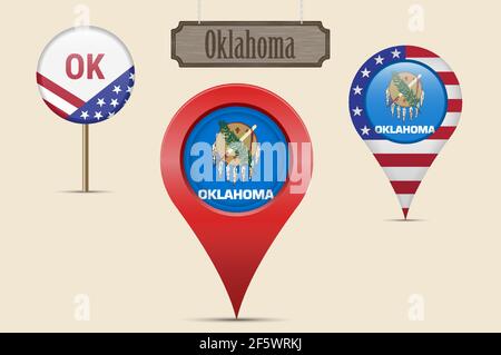 Oklahoma US-Bundesstaat Rundflagge. Kartenstift, rote Kartenmarkierung, Positionszeiger. Hängendes Holzschild im Vintage-Stil. Vektorgrafik. Amerikanische Stars und s Stock Vektor