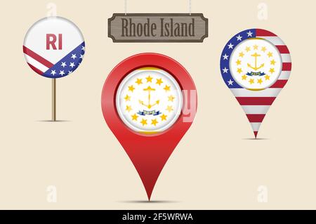 Rhode Island US-Bundesstaat Rundflagge. Kartenstift, rote Kartenmarkierung, Positionszeiger. Hängendes Holzschild im Vintage-Stil. Vektorgrafik. Amerikanische Stars A Stock Vektor