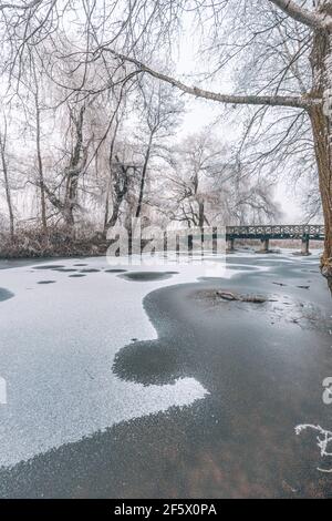 Verschneite Holzbrücke an einem Wintertag. Gefrorener See und verschneite Bäume, idyllische Winterlandschaft. Winterlandschaft, entspannende und ruhige Aussicht Stockfoto