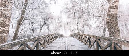 Verschneite Holzbrücke an einem Wintertag. Gefrorener See und verschneite Bäume, idyllische Winterlandschaft. Winterlandschaft, entspannende und ruhige Aussicht Stockfoto