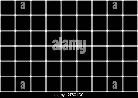 Optische Täuschung bestehend aus weißen Kreisen, die auf schwarzen Quadraten blinken. Stockfoto