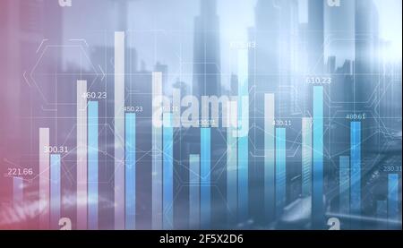 Universeller Hintergrund. Diagramme mit Zahlen auf dem Hintergrund der Stadt. Stockfoto