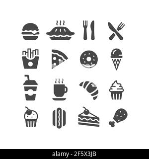 Fast Food Restaurant oder Diner Vektor Icon Set. Donut, Burger, Kuchen, Soda schwarze Symbole. Stock Vektor