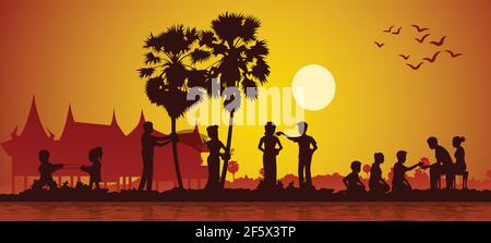 Aktivitäten von Song kran Tag berühmte Festival von Thailand Loas Myanmar und Kambodscha, Neujahr, Silhouette-Design, Vektor-Illustration Stock Vektor