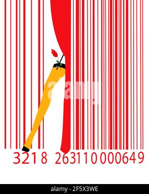 Illustration eines Burlesque Mädchen tanzen und kommen hinter einem Barcode-Vorhang, isoliert auf weiß Stockfoto