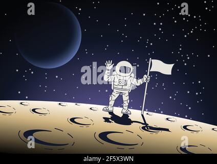 Cartoon-Version Design des Astronauten halten die Flagge auf der Oberfläche Des Mondes, Vektordarstellung Stock Vektor