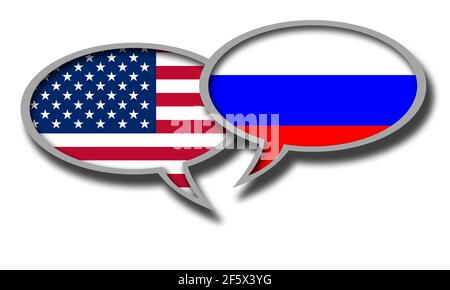 Eine Illustration der Flaggen der USA und Russlands In Sprache Ballons isoliert auf einem weißen Hintergrund Stockfoto