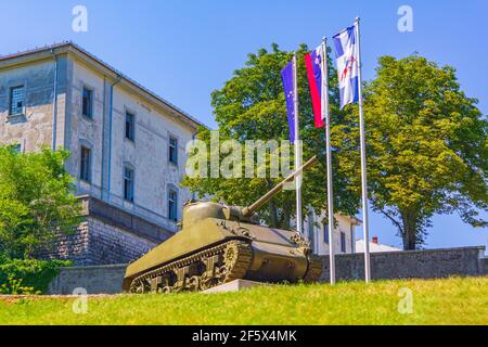 Tank und Flaggen Postojna Pivka Park der Militärgeschichte Touristenattraktionen in Slowenien. Stockfoto