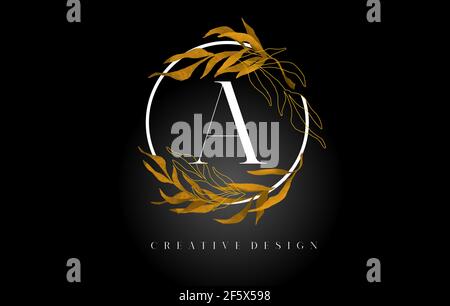 Golden Leaf Letter EIN Logo Design mit Goldblättern und goldenen Monoline Linien. Schreiben SIE EIN Logo für kosmetische Schönheit Naturprodukte. Stock Vektor