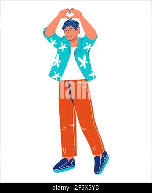 Junger Mann hebt seine Hände mit den Fingern in einem Herzen gefaltet, als Geste der Liebe oder wie Ausdruck, Cartoon-Vektor-Illustration isoliert auf weißem Rücken Stock Vektor