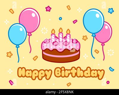 Happy Birthday Grußkarte mit Geburtstagskuchen, Ballons, Konfetti und Cartoon-Text. Cute Doodle Zeichnung, Vektor-Illustration. Stock Vektor