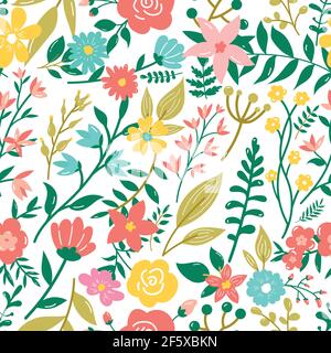 Vektor-Blumenmuster in Gekritzelart mit Blüten und Blättern. Sanfte, Frühling Blumen Hintergrund. Stock Vektor
