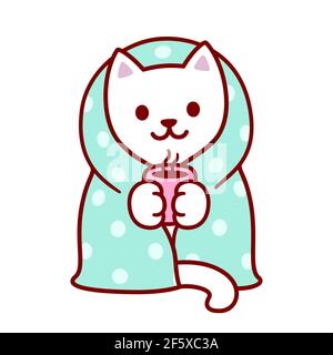 Nette Cartoon Katze mit Decke und Tasse heißen Tee. Kawaii weiß Kätzchen in warmen gemütlichen Decke. Isolierte Vektor-Clip Art-Illustration. Stock Vektor