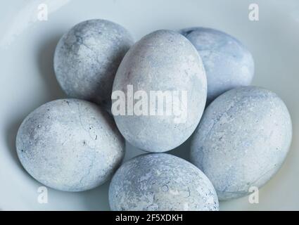 Eier in blau und weiß gemalt sind auf einem Teller. Ostereier Stockfoto