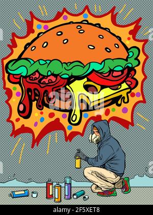 Ein Teenager zeichnet ein Graffiti-Bild eines Burgers. Fast Food Stock Vektor