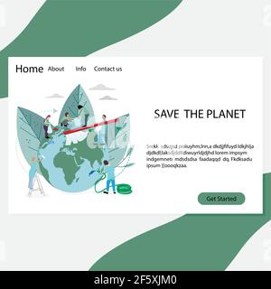 Speichern Planeten Landing Page, Menschen Freiwillige reinigen und waschen. Vector Freiwilligenarbeit Welt, globale Pflege, Waschen und Recycling Umwelt, Schutz natu Stock Vektor