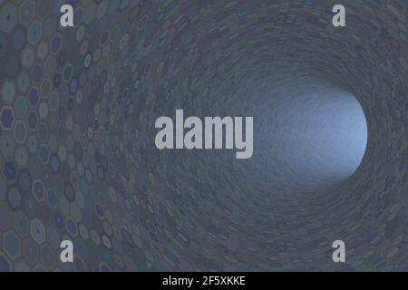 Abstrakter Tunnel mit sechseckigen Formen an den Wänden. Stockfoto