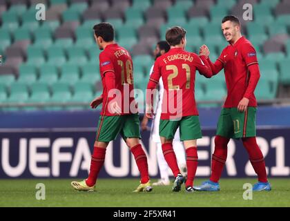 Die Portugiesen Dany Mota Carvalho (rechts) feiert das erste Tor ihrer Mannschaft während des UEFA-U-21-Europameisterschaftsspiels der Gruppe D 2021 im Stozice-Stadion in Ljubljana, Slowenien. Bilddatum: Sonntag, 28. März 2021. Stockfoto