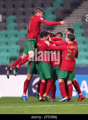 Die Portugiesen Dany Mota Carvalho feiert das erste Tor ihrer Mannschaft während des UEFA-U-21-Europameisterschaftsspiels der Gruppe D 2021 im Stozice-Stadion in Ljubljana, Slowenien. Bilddatum: Sonntag, 28. März 2021. Stockfoto