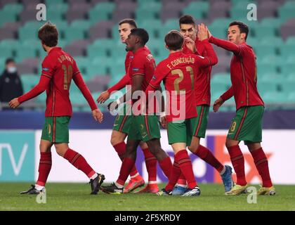 Die Portugiesen Dany Mota Carvalho feiert das erste Tor ihrer Mannschaft während des UEFA-U-21-Europameisterschaftsspiels der Gruppe D 2021 im Stozice-Stadion in Ljubljana, Slowenien. Bilddatum: Sonntag, 28. März 2021. Stockfoto