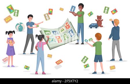 Glücklich lächelnde Kinder spielen mit Aufkleber, kleben Aufkleber im Buch, Spielkarten Vektor flache Illustration. Jungs und Mädchen spielen zusammen. Kinder mit Briefmarken mit Autos, Bergen, Figuren. Stock Vektor