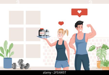 Glückliche Athleten zeigen Muskeln und halten Platte mit Protein und Kreatin Vektor flache Cartoon-Illustration. Gesunde Frau und Mann in Sportkleidung. Sportliche Ernährung, aktives Lifestyle-Konzept. Stock Vektor