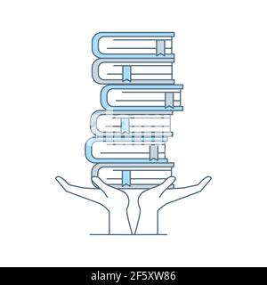 Hände halten Stapel von Büchern Vektor Cartoon Umriss Illustration isoliert auf weißem Hintergrund. Verschiedene Bücher im Stapel. Bildung, zurück zur Schule, Lesen und Schulkonzept. Stock Vektor