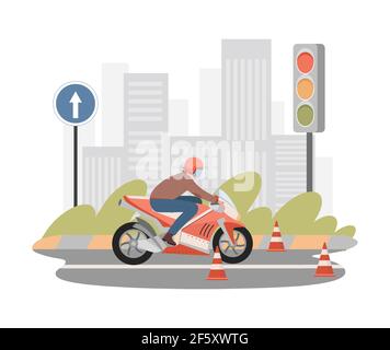 Moto Schule Vektor flache Illustration. Mann, der auf dem Motorrad zwischen Vorsicht Kegel, üben Fahren, lernen Regeln zu fahren Prüfungen. Motorrad-Fahrunterricht mit Straßenschild und Ampel. Stock Vektor