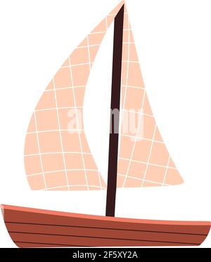 Holzschiff mit Segeln. Kleines Spielzeugboot. Seeverkehr. Vektorgrafik in flacher Ausführung. Stock Vektor
