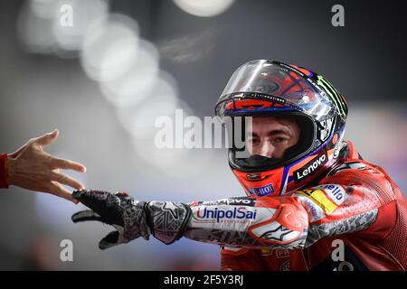 Doha, Katar. März 2021, 28th. Rennen für MotoGP Barwa Grand Prix von Katar auf Losail International Circuit, Katar. 28. März 2021 in Bild: Bagnaia Carreras del Gran Premio de MotoGP Barwa de Qatar en el Circuito Internacional de Losail, Qatar. 28 de marzo de 2021 POOL/ MotoGP.com/Cordon Pressebilder sind nur für redaktionelle Zwecke bestimmt. Obligatorische Gutschrift: © motogp.com Gutschrift: CORDON PRESS/Alamy Live News Stockfoto