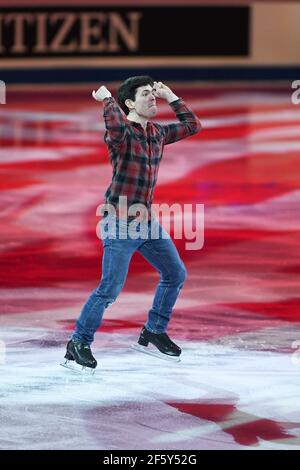 Stockholm, Schweden. März 2021, 28th. Keegan MESSING CAN, während der Ausstellungsgala bei der ISU World Figure Skating Championships 2021 im Ericsson Globe, am 28. März 2021 in Stockholm, Schweden. Quelle: Raniero Corbelletti/AFLO/Alamy Live News Stockfoto