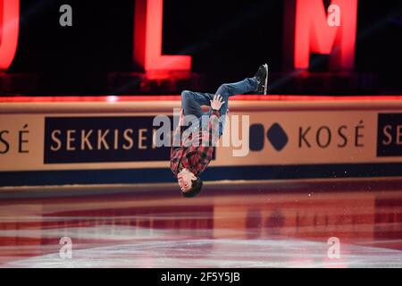 Stockholm, Schweden. März 2021, 28th. Keegan MESSING CAN, während der Ausstellungsgala bei der ISU World Figure Skating Championships 2021 im Ericsson Globe, am 28. März 2021 in Stockholm, Schweden. Quelle: Raniero Corbelletti/AFLO/Alamy Live News Stockfoto