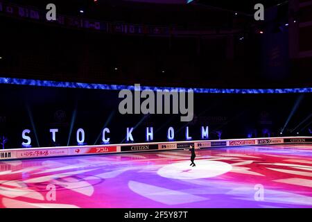 Stockholm, Schweden. März 2021, 28th. Nathan CHEN USA, während der Ausstellungsgala bei der ISU World Figure Skating Championships 2021 im Ericsson Globe, am 28. März 2021 in Stockholm, Schweden. Quelle: Raniero Corbelletti/AFLO/Alamy Live News Stockfoto