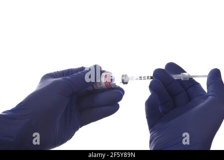 Nahaufnahme von zwei Händen in Operationshandschuhen mit einer Spritze und einem Fläschchen mit Covid-19-Impfstoff, hinterleuchtet auf weißem Hintergrund. Stockfoto