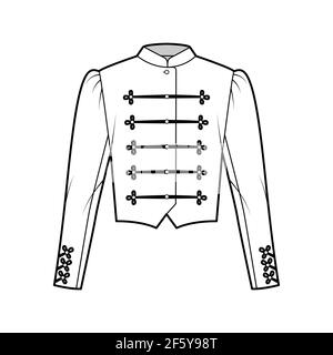 Majorette Jacke technische Mode Illustration mit crop Länge, langes Bein o Mutton Ärmel, Stehkragen, Knopf Frosch Schließung. Flache Blazer-Schablone vorne, in weißer Farbform. Frauen, Männer CAD-Modell Stock Vektor