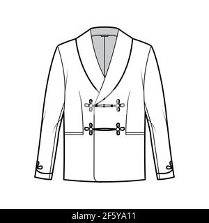 Smoking Jacke technische Mode-Illustration mit zweireihigen, langen Ärmeln, Schalkragen, Besom Taschen. Flaches Schlafanzugoberteil mit Mantelvorlage vorne, in weißer Farbgebung. Frauen, Männer, Unisex CAD Mockup Stock Vektor