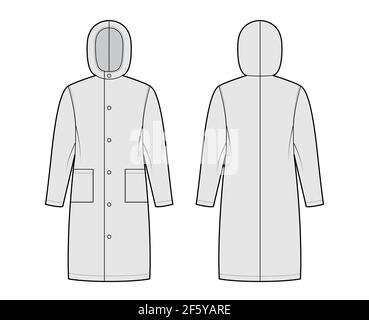 Slicker Mantel Sou'wester technische Mode Illustration mit Kapuze, lange Ärmel, aufgesetzte Taschen, übergroße Körper. Flache Jacke Schablone vorne, hinten, grau Farbe Stil. Damen, Herren, Unisex TOP CAD Mockup Stock Vektor